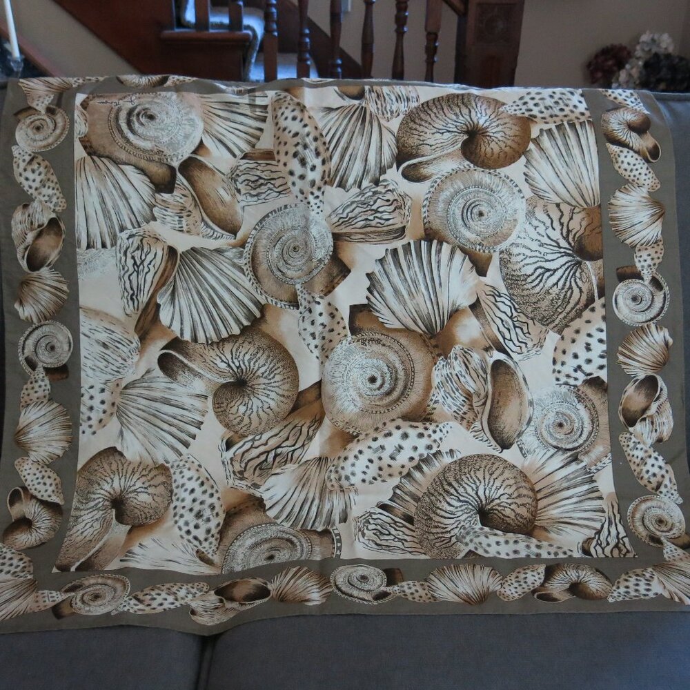 Vintage Shantung Silk Brown Big Nautical Design Nautilus Shell Scarf With Border